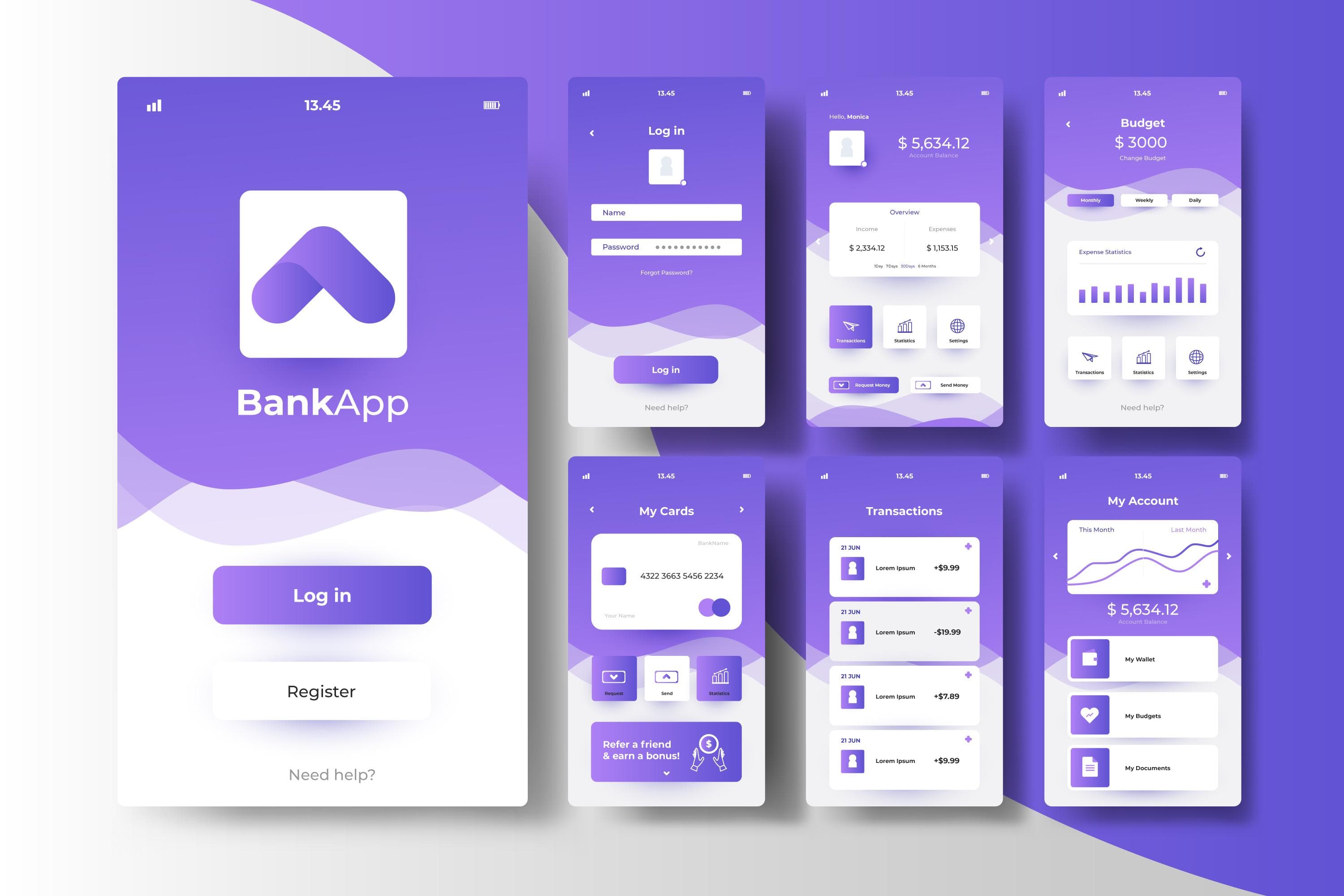 Mobile banking app in light purple and white motive